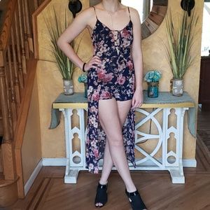 Navy Pink Floral Romper Size M high low mesh